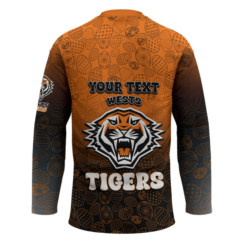 Personalized Wests Tigers Hockey Jersey Easter Mascot - Colorful Eggs Cartoon Style