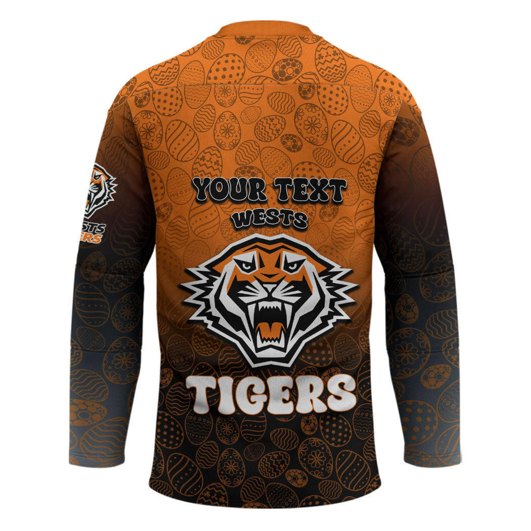 Personalized Wests Tigers Hockey Jersey Easter Mascot - Colorful Eggs Cartoon Style