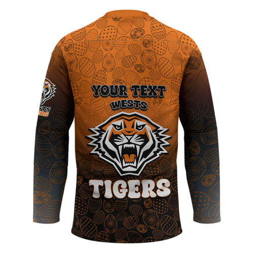Personalized Wests Tigers Hockey Jersey Easter Mascot - Colorful Eggs Cartoon Style