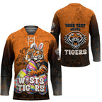 Personalized Wests Tigers Hockey Jersey Easter Mascot - Colorful Eggs Cartoon Style