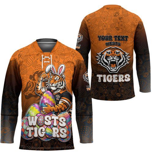 Personalized Wests Tigers Hockey Jersey Easter Mascot - Colorful Eggs Cartoon Style
