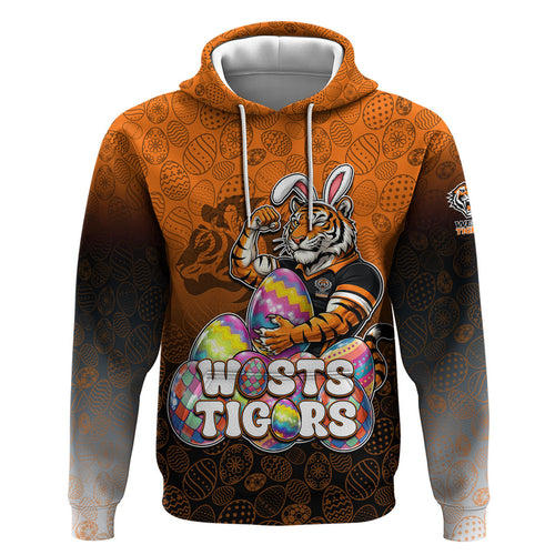 Personalized Wests Tigers Hoodie Easter Mascot - Colorful Eggs Cartoon Style