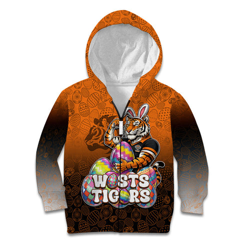 Personalized Wests Tigers Kid Hoodie Easter Mascot - Colorful Eggs Cartoon Style