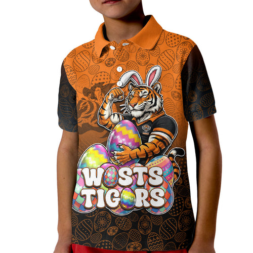 Personalized Wests Tigers Kid Polo Shirt Easter Mascot - Colorful Eggs Cartoon Style
