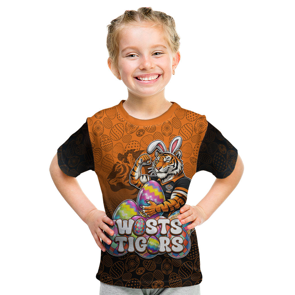 Personalized Wests Tigers Kid T Shirt Easter Mascot - Colorful Eggs Cartoon Style