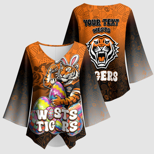 Personalized Wests Tigers Kimono Sleeve Blouse Easter Mascot - Colorful Eggs Cartoon Style