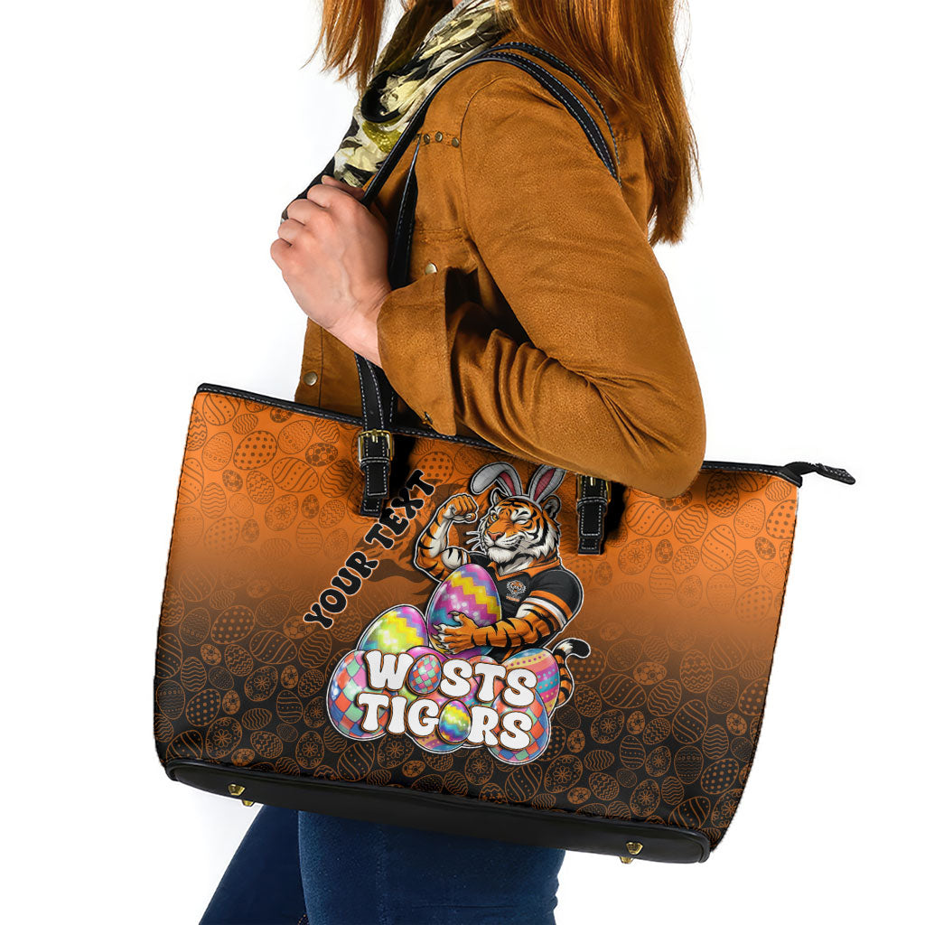 Personalized Wests Tigers Leather Tote Bag Easter Mascot - Colorful Eggs Cartoon Style