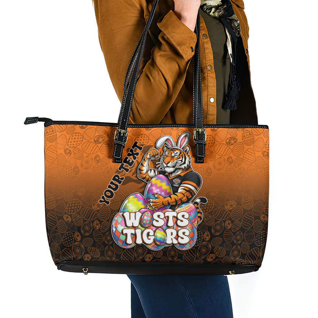Personalized Wests Tigers Leather Tote Bag Easter Mascot - Colorful Eggs Cartoon Style