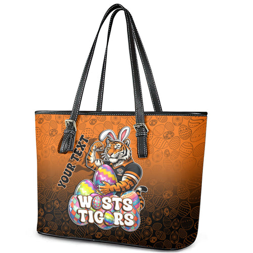 Personalized Wests Tigers Leather Tote Bag Easter Mascot - Colorful Eggs Cartoon Style