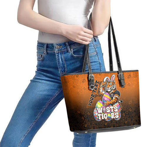 Personalized Wests Tigers Leather Tote Bag Easter Mascot - Colorful Eggs Cartoon Style