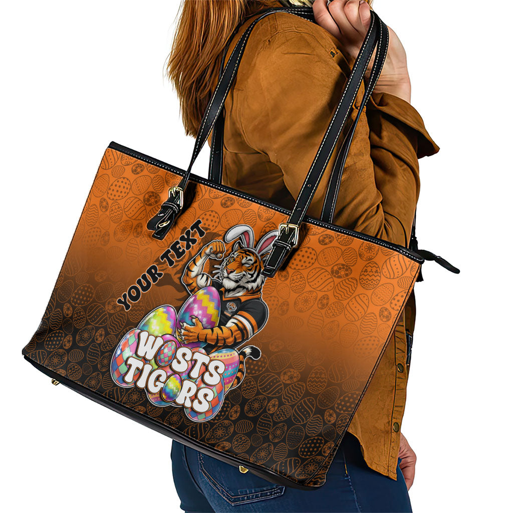 Personalized Wests Tigers Leather Tote Bag Easter Mascot - Colorful Eggs Cartoon Style