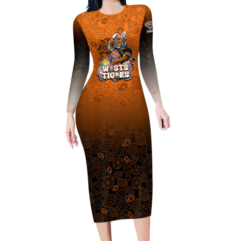 Personalized Wests Tigers Long Sleeve Bodycon Dress Easter Mascot - Colorful Eggs Cartoon Style