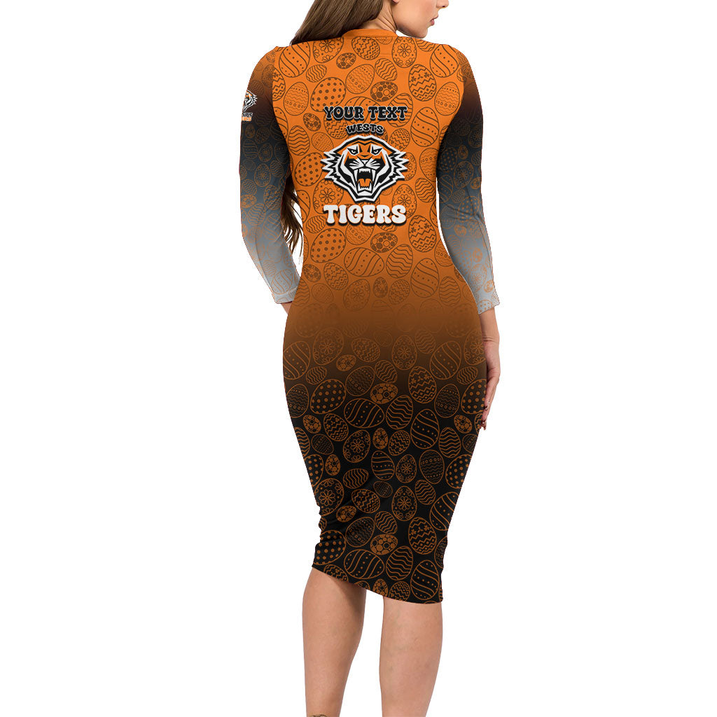 Personalized Wests Tigers Long Sleeve Bodycon Dress Easter Mascot - Colorful Eggs Cartoon Style