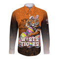 Personalized Wests Tigers Long Sleeve Button Shirt Easter Mascot - Colorful Eggs Cartoon Style