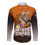 Personalized Wests Tigers Long Sleeve Button Shirt Easter Mascot - Colorful Eggs Cartoon Style