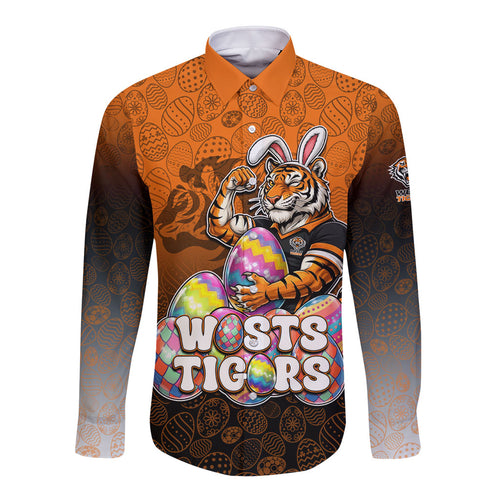 Personalized Wests Tigers Long Sleeve Button Shirt Easter Mascot - Colorful Eggs Cartoon Style