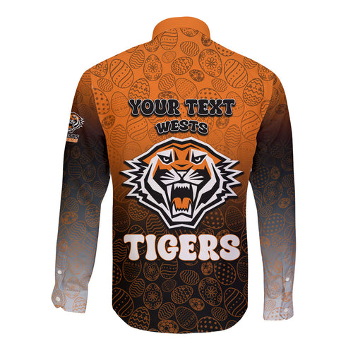 Personalized Wests Tigers Long Sleeve Button Shirt Easter Mascot - Colorful Eggs Cartoon Style