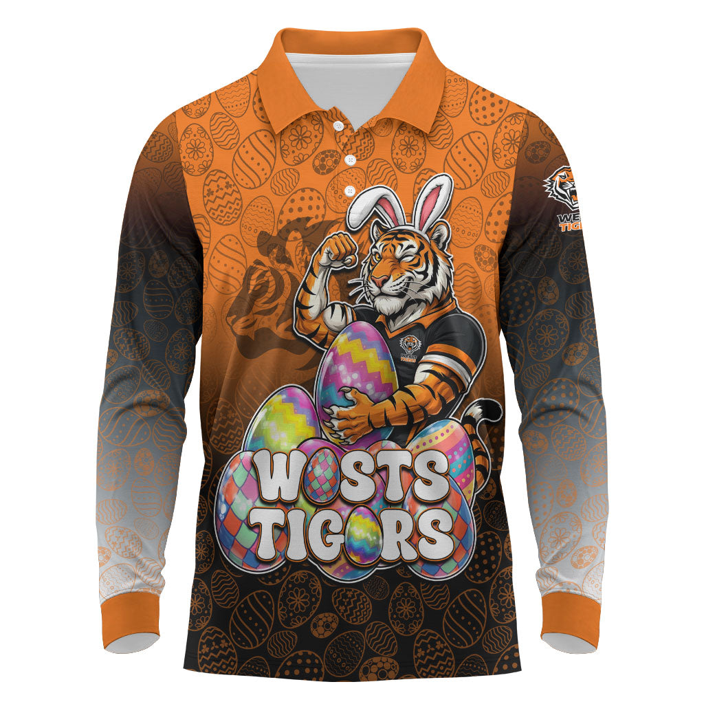 Personalized Wests Tigers Long Sleeve Polo Shirt Easter Mascot - Colorful Eggs Cartoon Style
