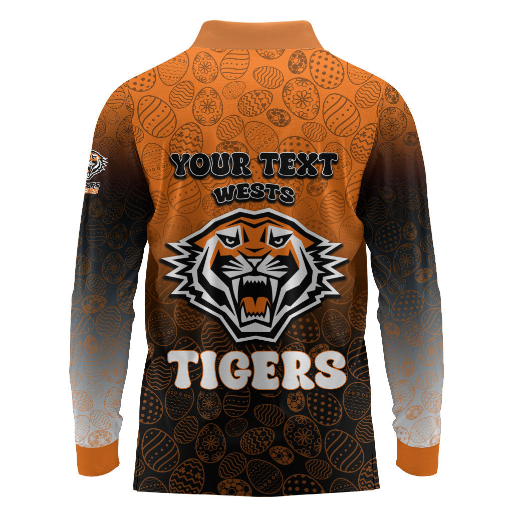 Personalized Wests Tigers Long Sleeve Polo Shirt Easter Mascot - Colorful Eggs Cartoon Style