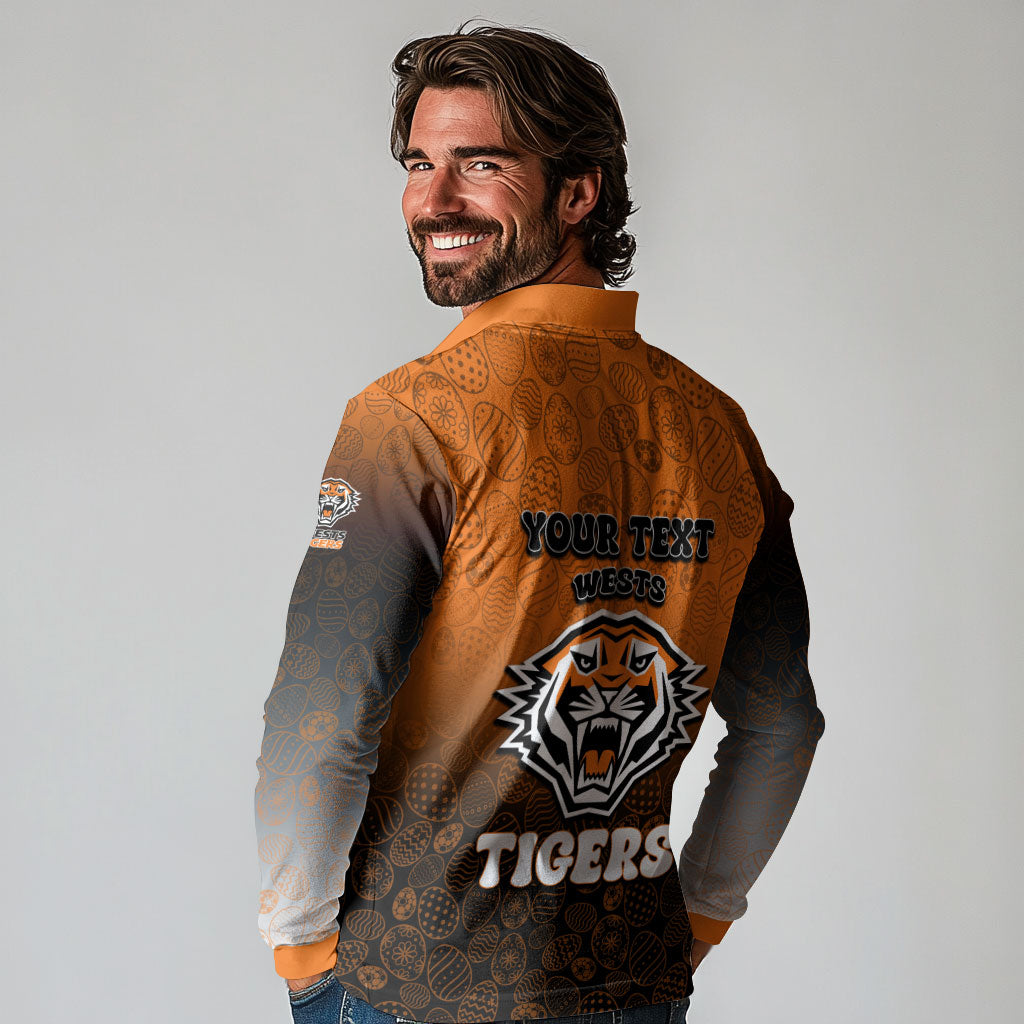 Personalized Wests Tigers Long Sleeve Polo Shirt Easter Mascot - Colorful Eggs Cartoon Style