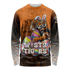 Personalized Wests Tigers Long Sleeve Shirt Easter Mascot - Colorful Eggs Cartoon Style