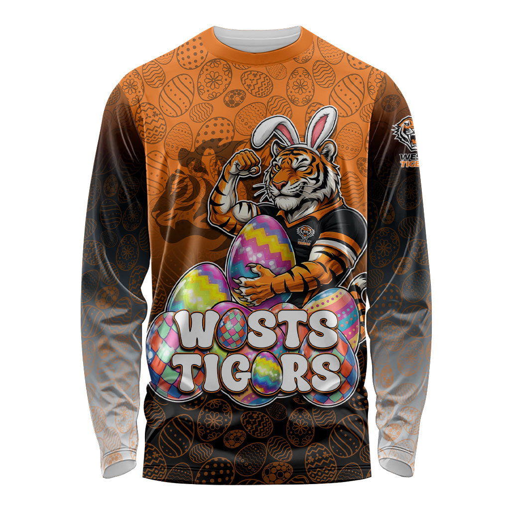 Personalized Wests Tigers Long Sleeve Shirt Easter Mascot - Colorful Eggs Cartoon Style