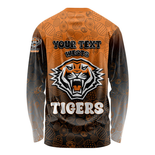 Personalized Wests Tigers Long Sleeve Shirt Easter Mascot - Colorful Eggs Cartoon Style