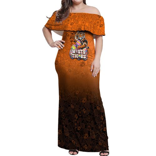 Personalized Wests Tigers Off Shoulder Maxi Dress Easter Mascot - Colorful Eggs Cartoon Style