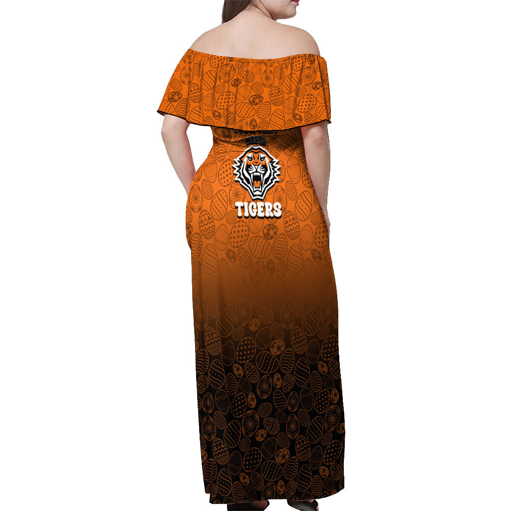 Personalized Wests Tigers Off Shoulder Maxi Dress Easter Mascot - Colorful Eggs Cartoon Style