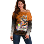 Personalized Wests Tigers Off Shoulder Sweater Easter Mascot - Colorful Eggs Cartoon Style