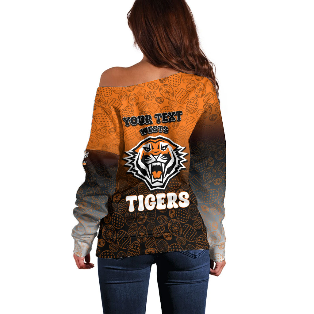 Personalized Wests Tigers Off Shoulder Sweater Easter Mascot - Colorful Eggs Cartoon Style