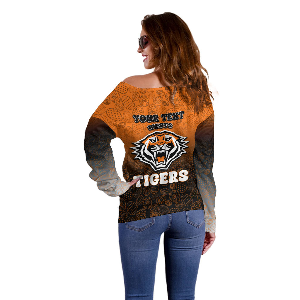 Personalized Wests Tigers Off Shoulder Sweater Easter Mascot - Colorful Eggs Cartoon Style