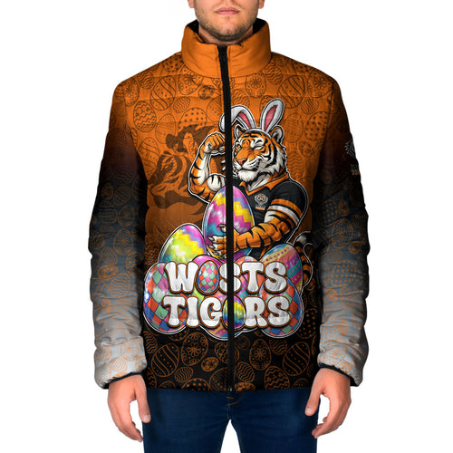 Personalized Wests Tigers Padded Jacket Easter Mascot - Colorful Eggs Cartoon Style