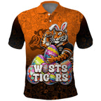 Personalized Wests Tigers Polo Shirt Easter Mascot - Colorful Eggs Cartoon Style