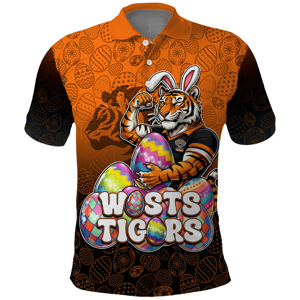 Personalized Wests Tigers Polo Shirt Easter Mascot - Colorful Eggs Cartoon Style