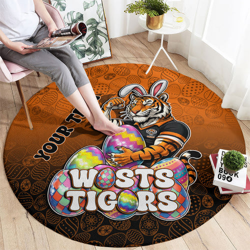 Personalized Wests Tigers Round Carpet Easter Mascot - Colorful Eggs Cartoon Style