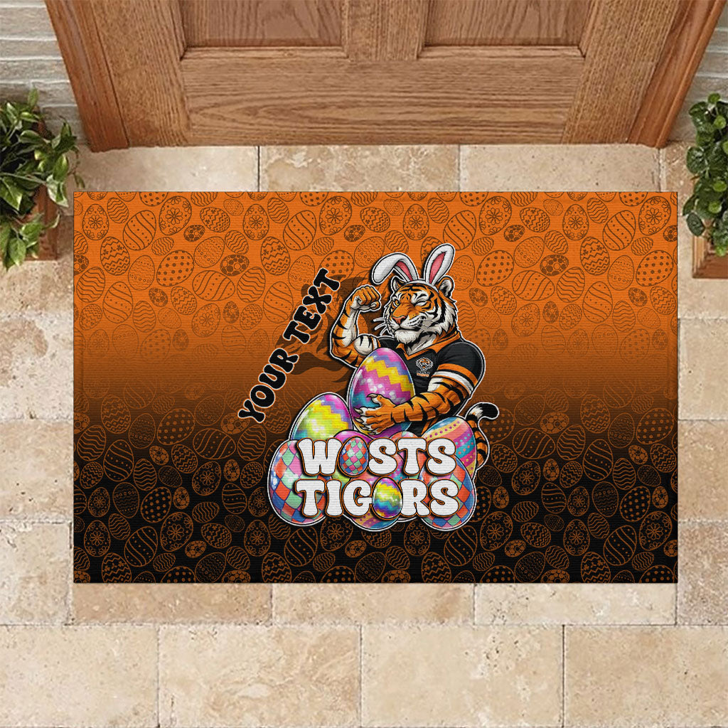 Personalized Wests Tigers Rubber Doormat Easter Mascot - Colorful Eggs Cartoon Style