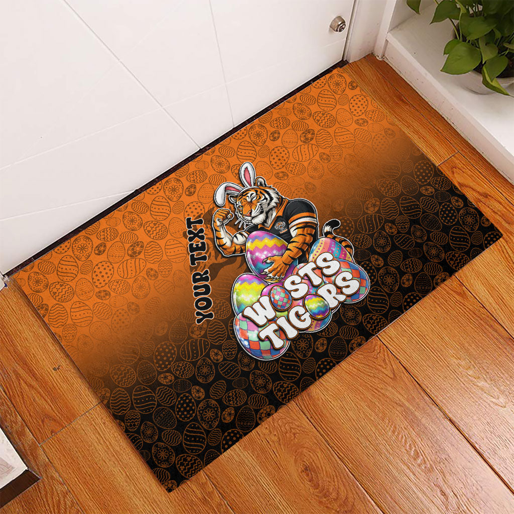 Personalized Wests Tigers Rubber Doormat Easter Mascot - Colorful Eggs Cartoon Style