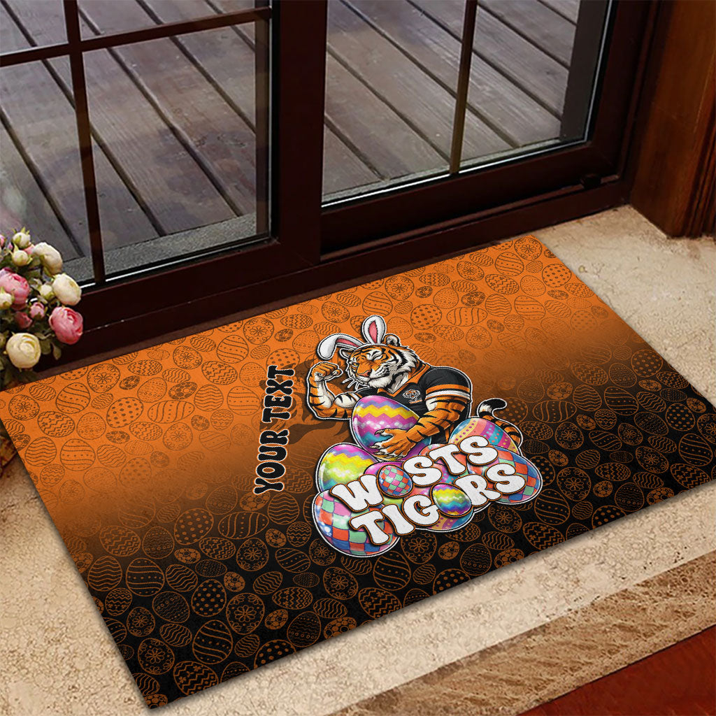 Personalized Wests Tigers Rubber Doormat Easter Mascot - Colorful Eggs Cartoon Style
