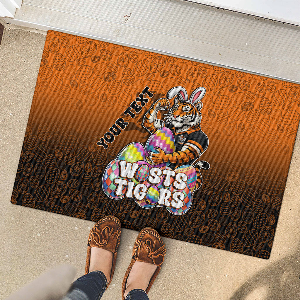 Personalized Wests Tigers Rubber Doormat Easter Mascot - Colorful Eggs Cartoon Style