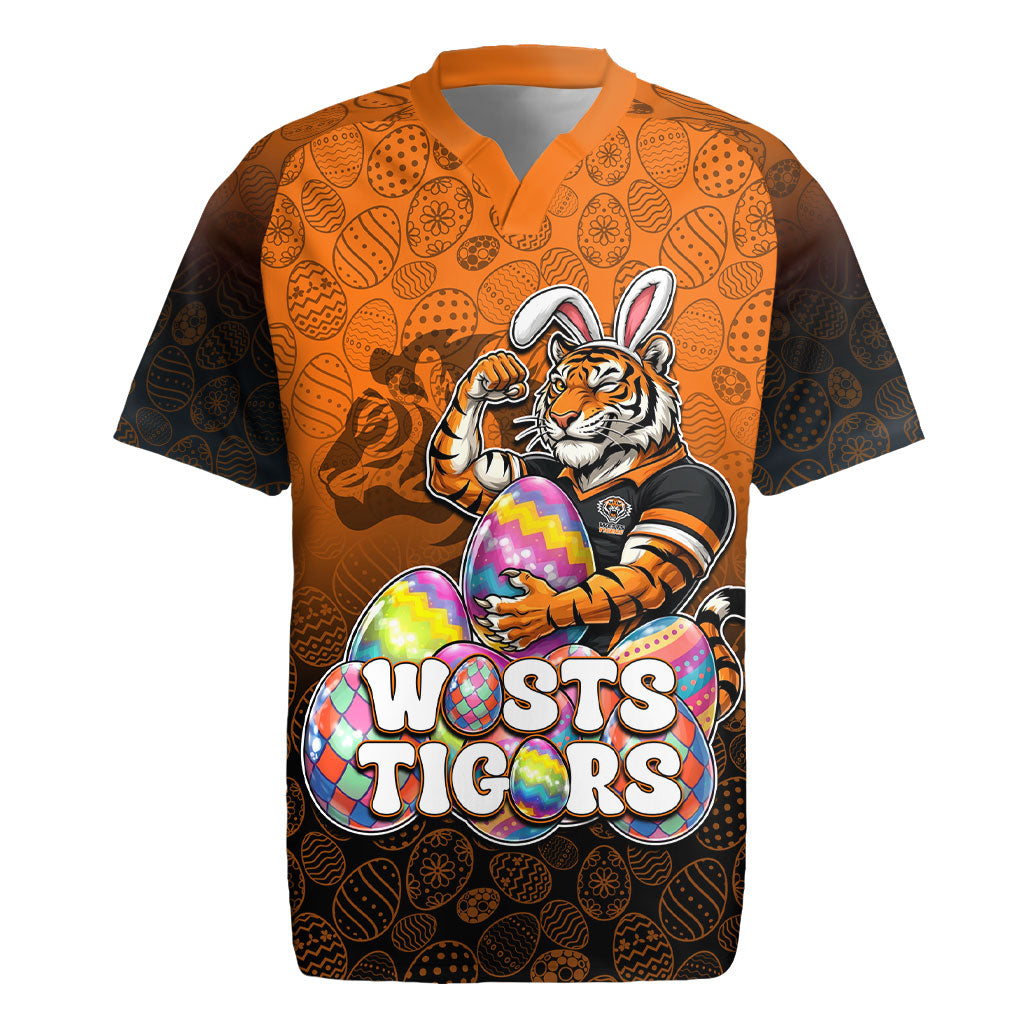 Personalized Wests Tigers Rugby Jersey Easter Mascot - Colorful Eggs Cartoon Style