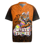 Personalized Wests Tigers Rugby Jersey Easter Mascot - Colorful Eggs Cartoon Style