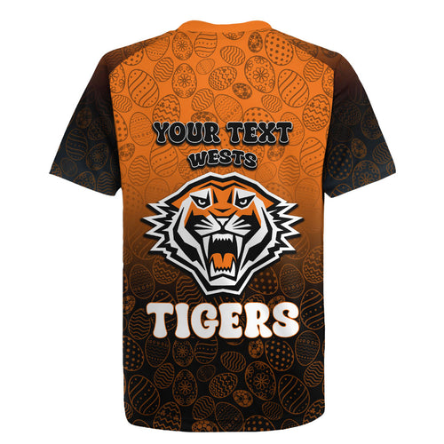 Personalized Wests Tigers Rugby Jersey Easter Mascot - Colorful Eggs Cartoon Style