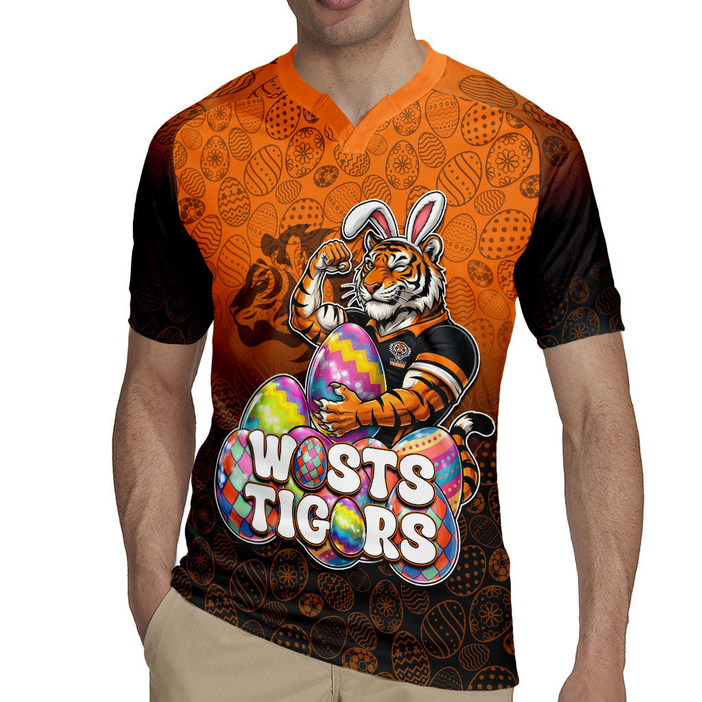 Personalized Wests Tigers Rugby Jersey Easter Mascot - Colorful Eggs Cartoon Style