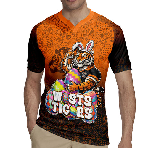 Personalized Wests Tigers Rugby Jersey Easter Mascot - Colorful Eggs Cartoon Style