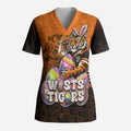 Personalized Wests Tigers Scrub Top Easter Mascot - Colorful Eggs Cartoon Style