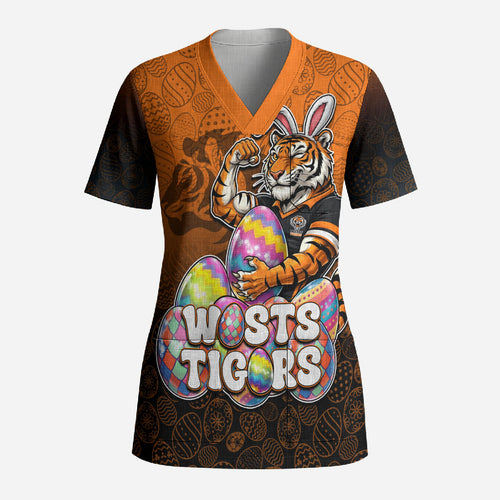 Personalized Wests Tigers Scrub Top Easter Mascot - Colorful Eggs Cartoon Style