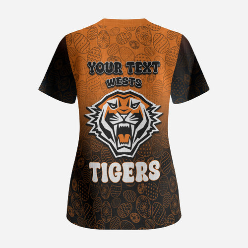 Personalized Wests Tigers Scrub Top Easter Mascot - Colorful Eggs Cartoon Style