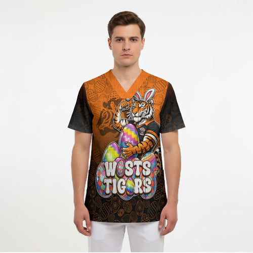 Personalized Wests Tigers Scrub Top Easter Mascot - Colorful Eggs Cartoon Style