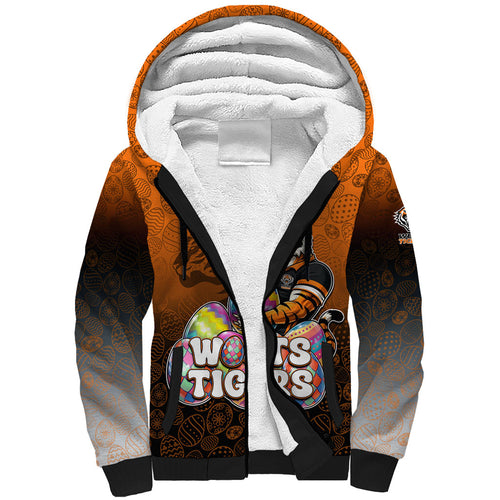 Personalized Wests Tigers Sherpa Hoodie Easter Mascot - Colorful Eggs Cartoon Style